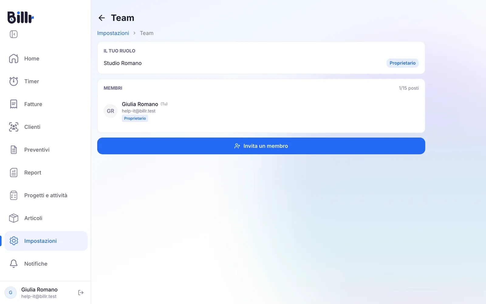La schermata Team in Billr, con il tuo ruolo, l'elenco dei membri con il conteggio dei posti e il tasto Invita un membro