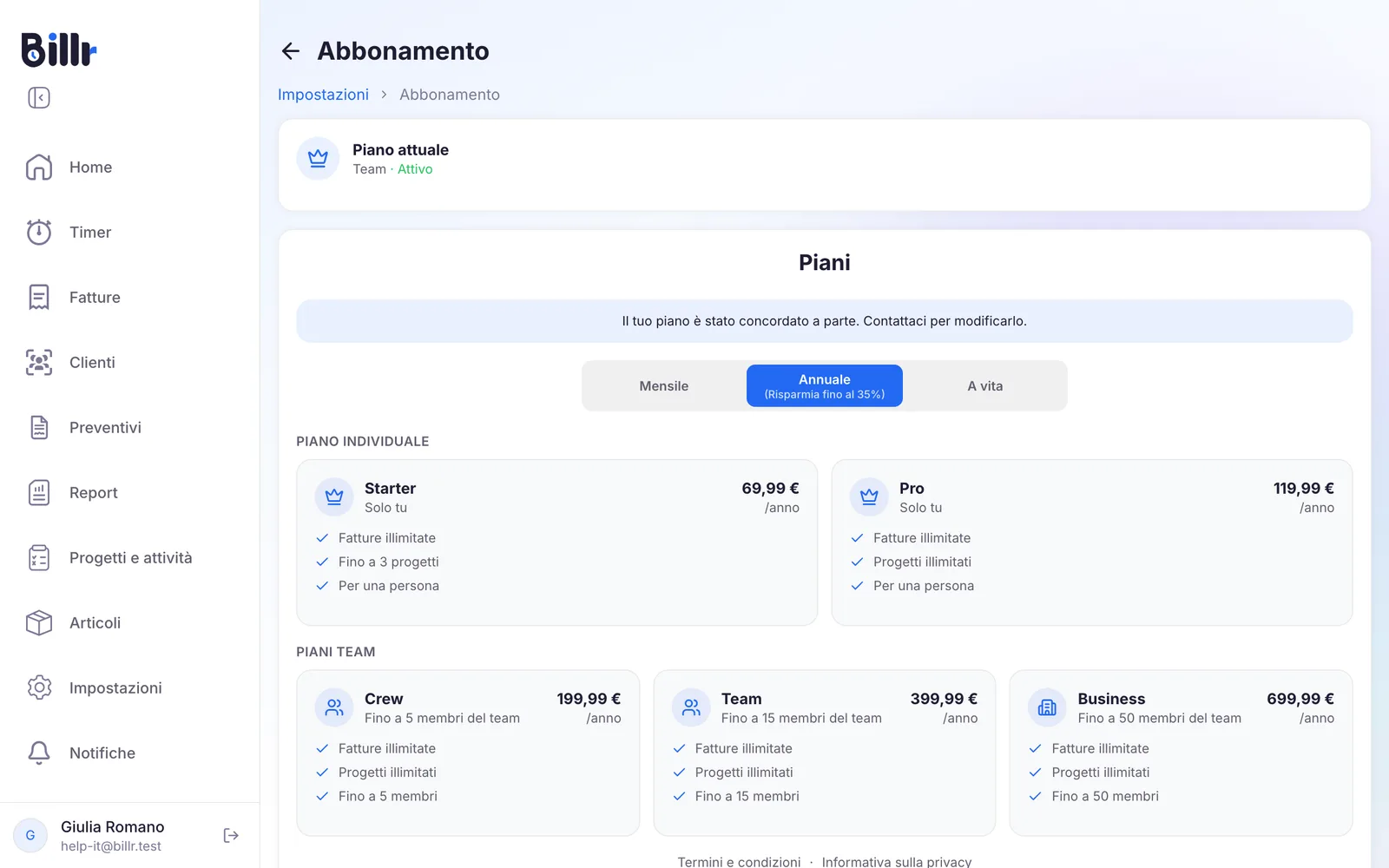 La schermata Abbonamento in Billr, con il piano attuale e i piani Starter, Pro, Crew, Team e Business
