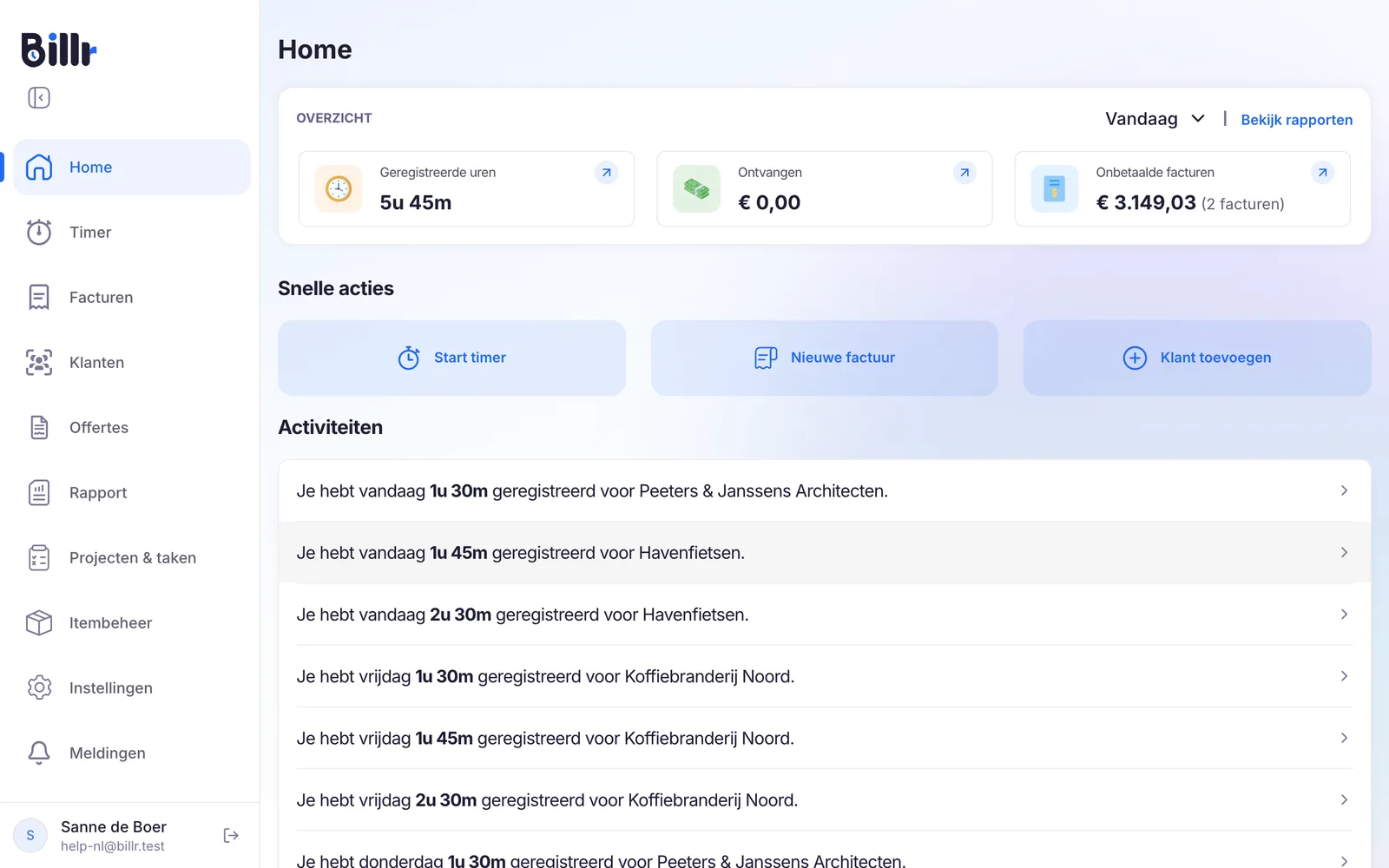 Het startscherm Home in Billr, met het overzicht en de snelle acties, die met en zonder verbinding werken