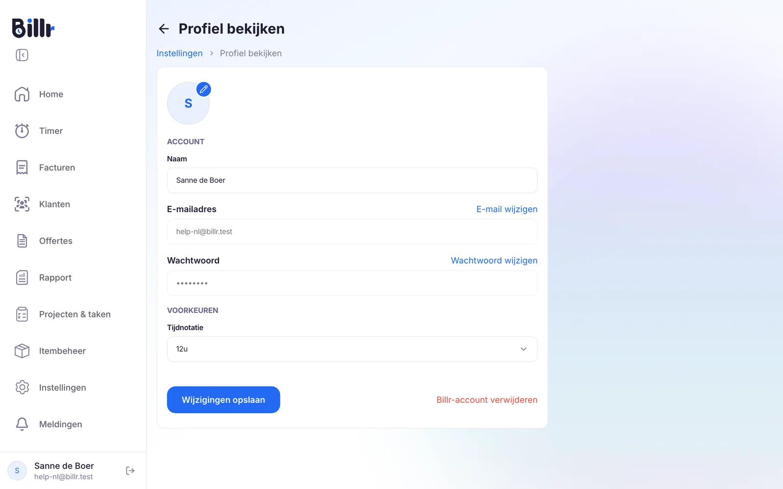 Het scherm Profiel bekijken in Billr, met naam, e-mailadres, wachtwoord, tijdnotatie en de knop Billr-account verwijderen