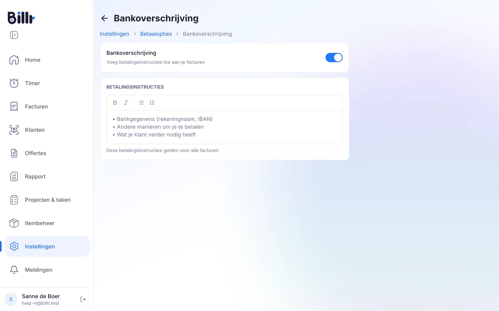Het scherm Bankoverschrijving, aangezet, met het veld voor betalingsinstructies