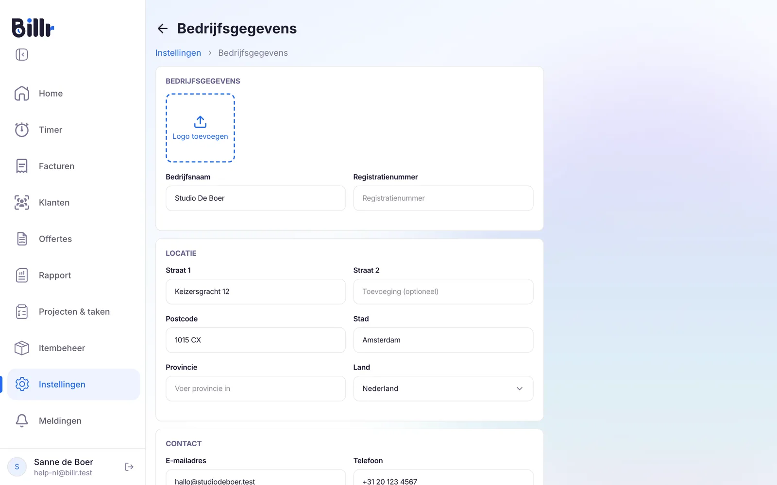 Het scherm Bedrijfsgegevens met Logo toevoegen, de bedrijfsnaam, het adres en de contactgegevens
