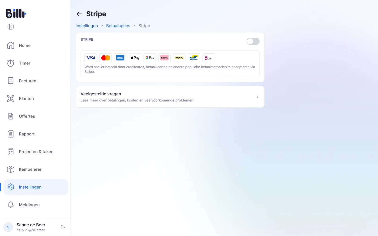 Het scherm Stripe met de schakelaar om het instellen te starten en de betaalmethoden die Stripe aanbiedt
