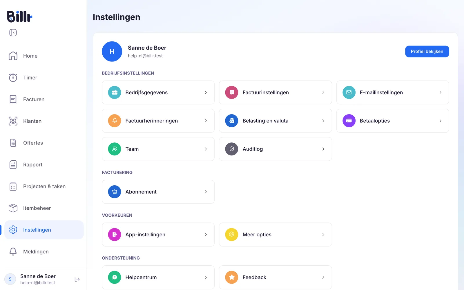 Het scherm Instellingen in Billr, met bovenaan je profiel en daaronder de groepen over je bedrijf, Facturering, Voorkeuren en Ondersteuning