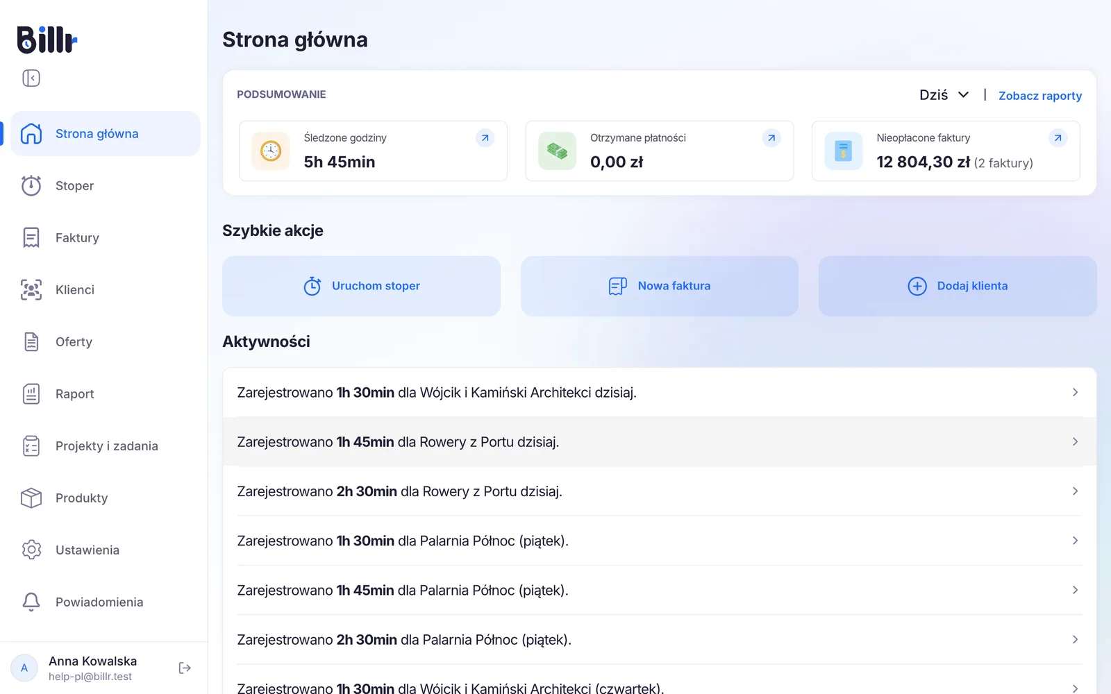 Ekran Strona główna w Billr, z podsumowaniem śledzonych godzin, otrzymanych płatności i nieopłaconych faktur oraz szybkimi akcjami poniżej