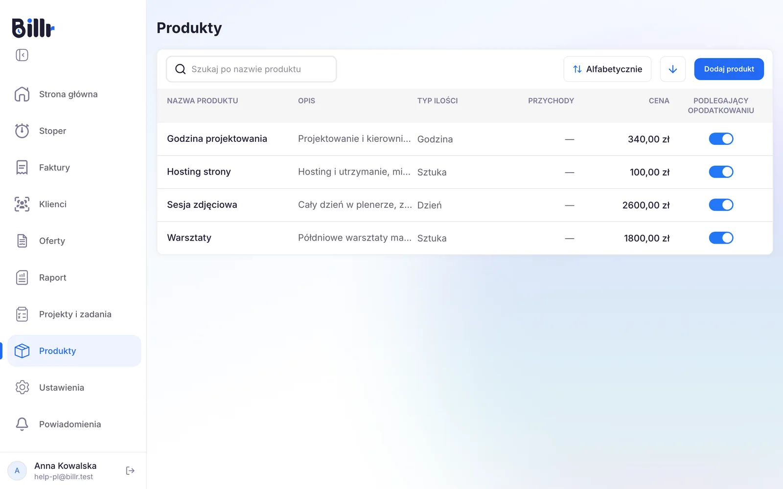Ekran Produkty w Billr, z opisem, typem ilości, przychodem, ceną i informacją o opodatkowaniu każdego produktu