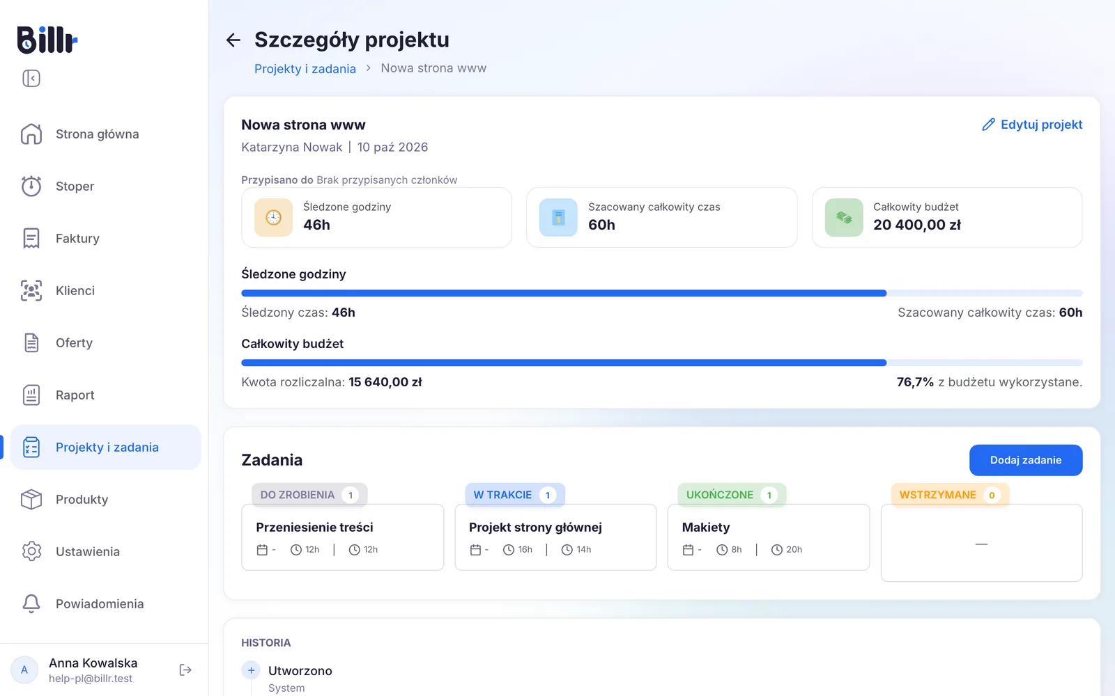 Projekt ze śledzonymi godzinami, szacowanym czasem i wykorzystaną częścią budżetu