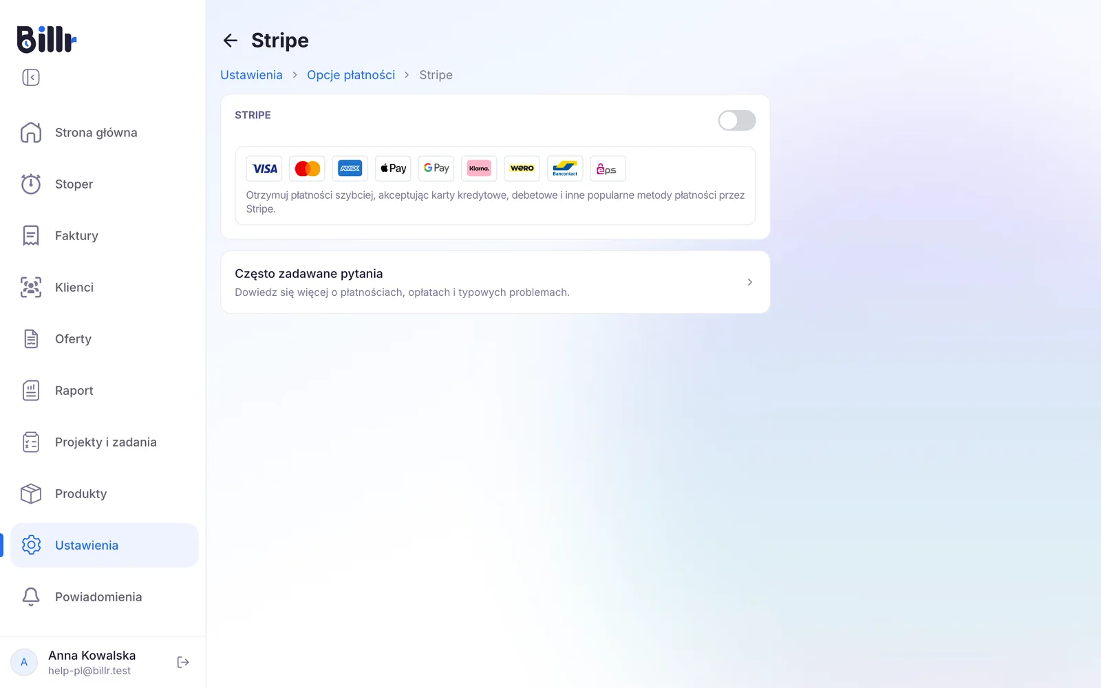 Ekran Stripe z przełącznikiem do rozpoczęcia konfiguracji i metodami płatności, które oferuje Stripe