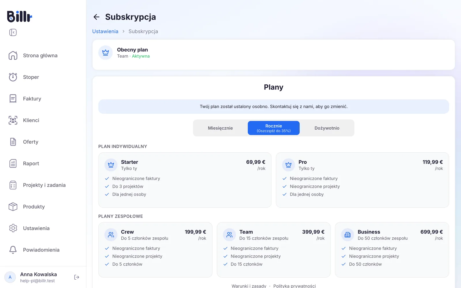 Ekran Subskrypcja w Billr, z bieżącym planem oraz planami Starter, Pro, Crew, Team i Business