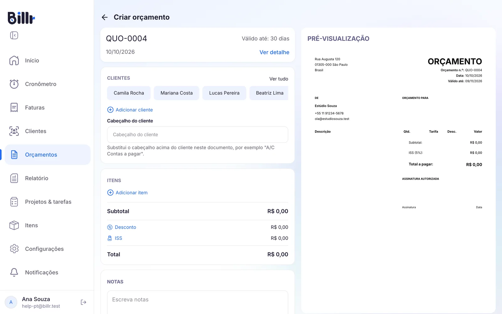 Um orçamento novo com o cliente, as linhas e a pré-visualização do PDF à direita