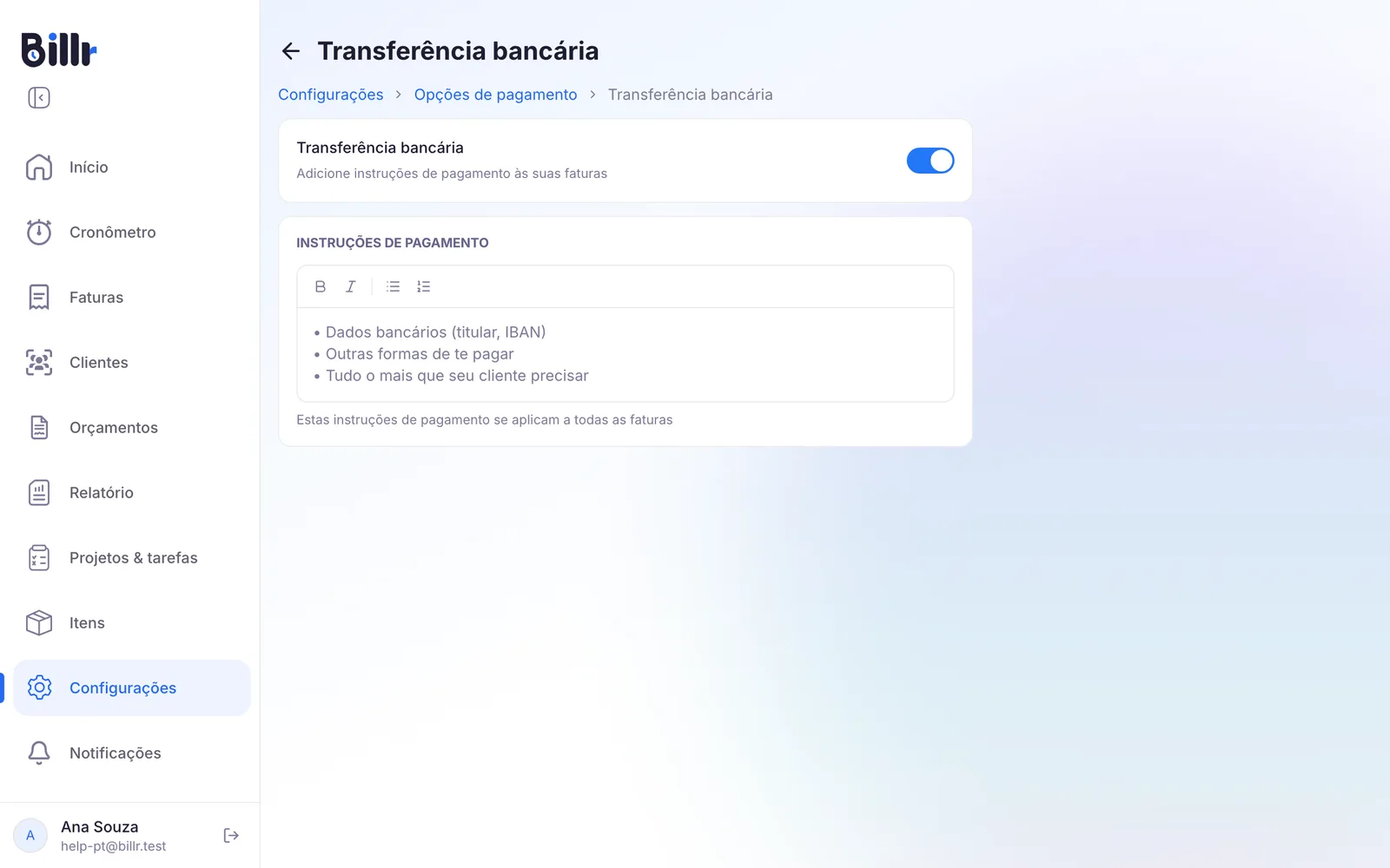 A tela Transferência bancária, ativada, com o campo das instruções de pagamento