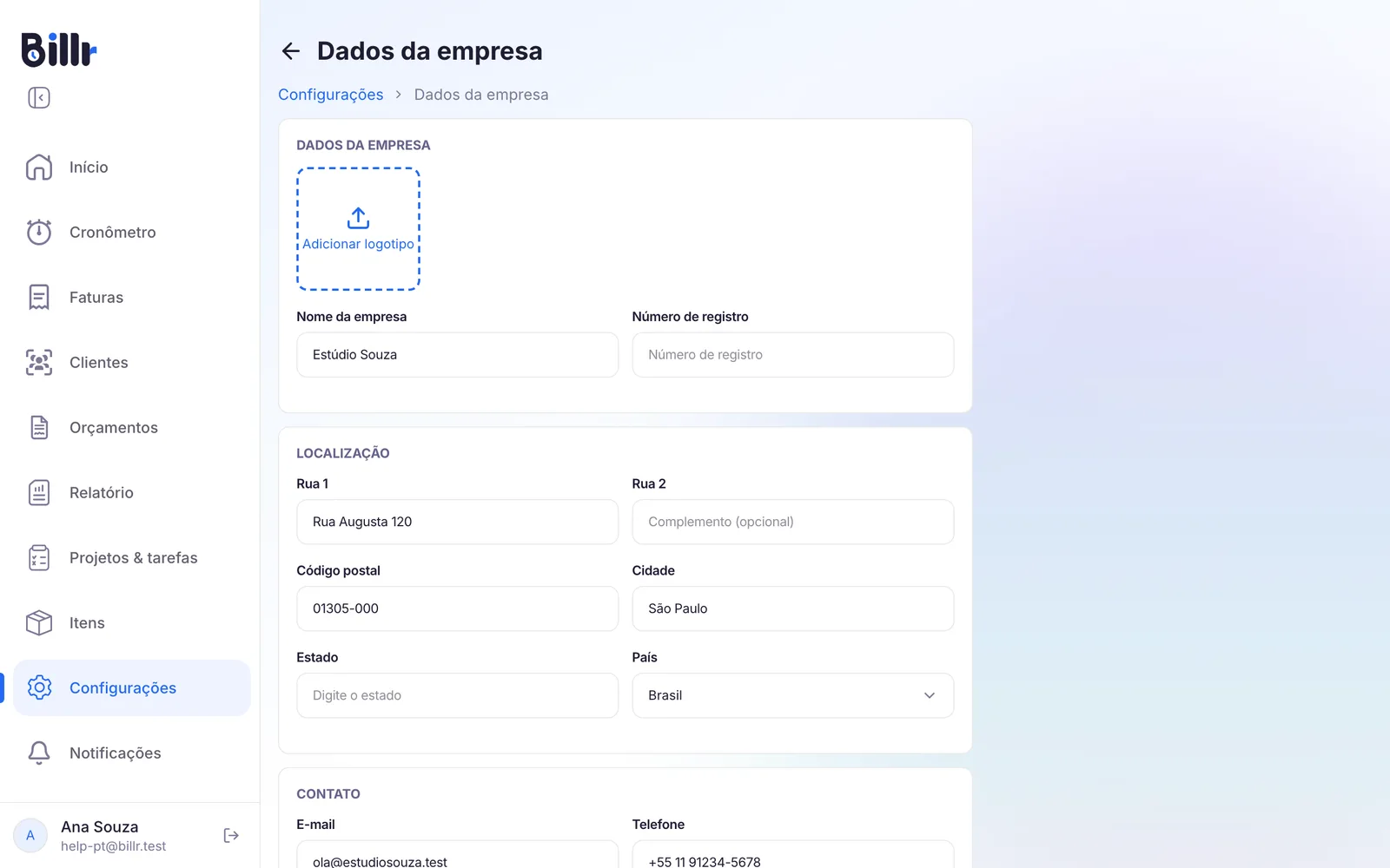 A tela Dados da empresa com Adicionar logotipo, o nome da empresa, o endereço e os dados de contato