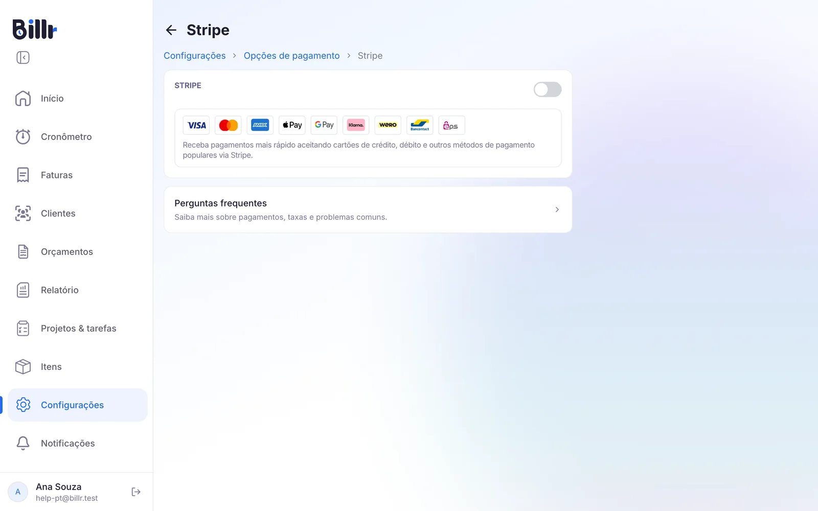 A tela do Stripe com a opção para iniciar a configuração e as formas de pagamento que o Stripe oferece