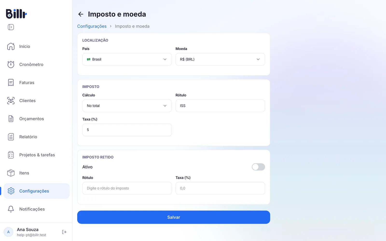 A tela Imposto e moeda com o país, a moeda, o cálculo do imposto, o rótulo e a taxa, e o imposto retido