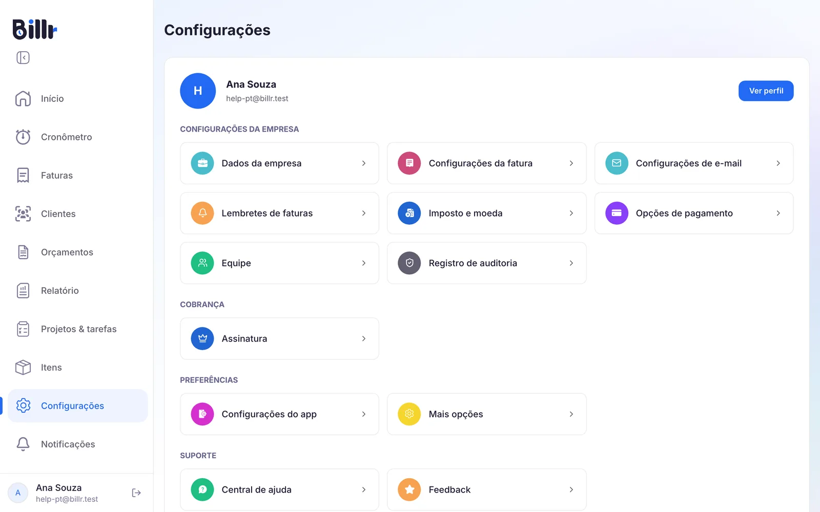 A tela Configurações, com Assinatura em Cobrança