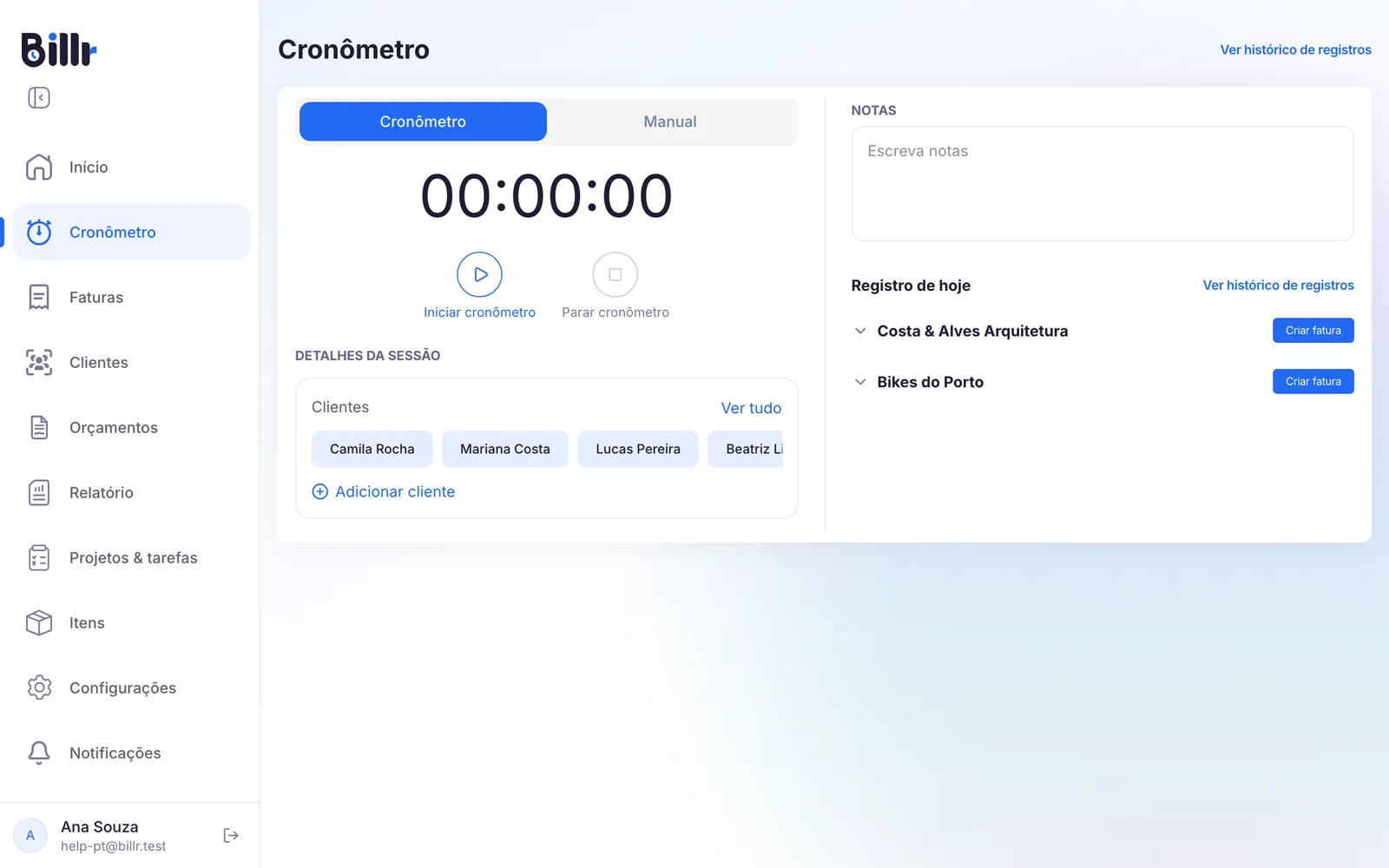 A tela do cronômetro, pronta para iniciar, com os clientes para escolher embaixo