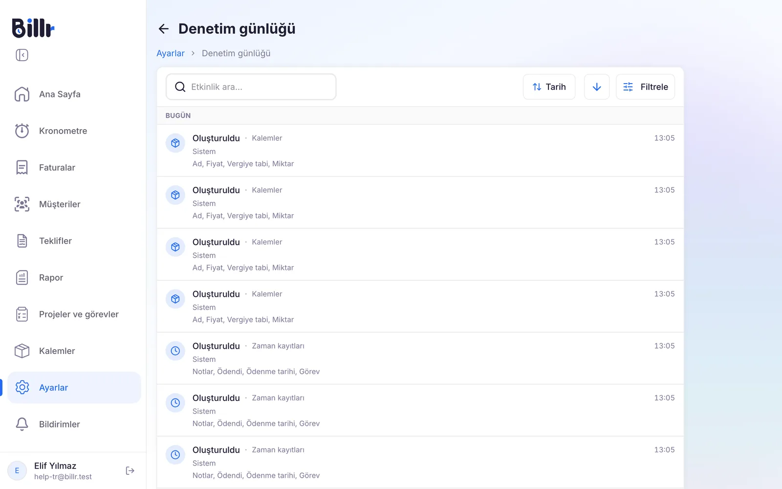 Ekipteki her değişikliği en yeniden başlayarak gösteren denetim günlüğü