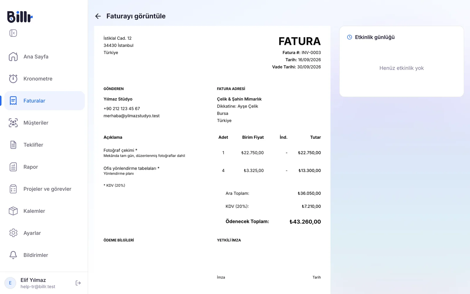 Gönderilmiş bir fatura, sağda etkinlik günlüğü