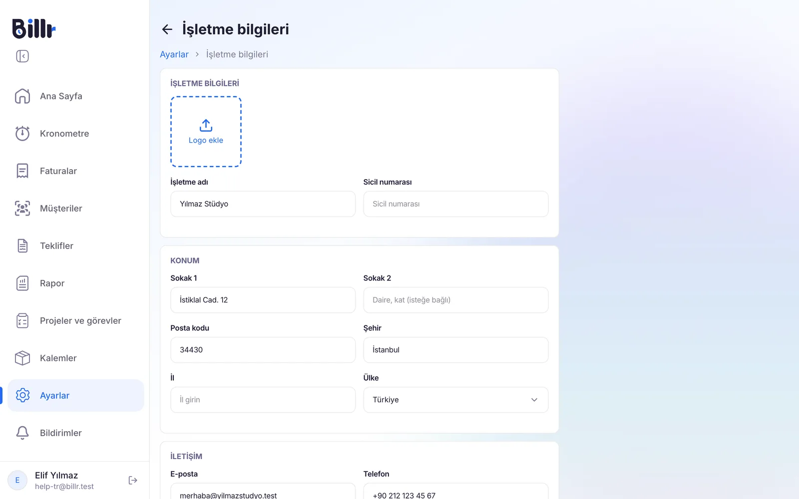 Logo alanı, işletme adı, adres ve iletişim bilgileriyle İşletme bilgileri ekranı