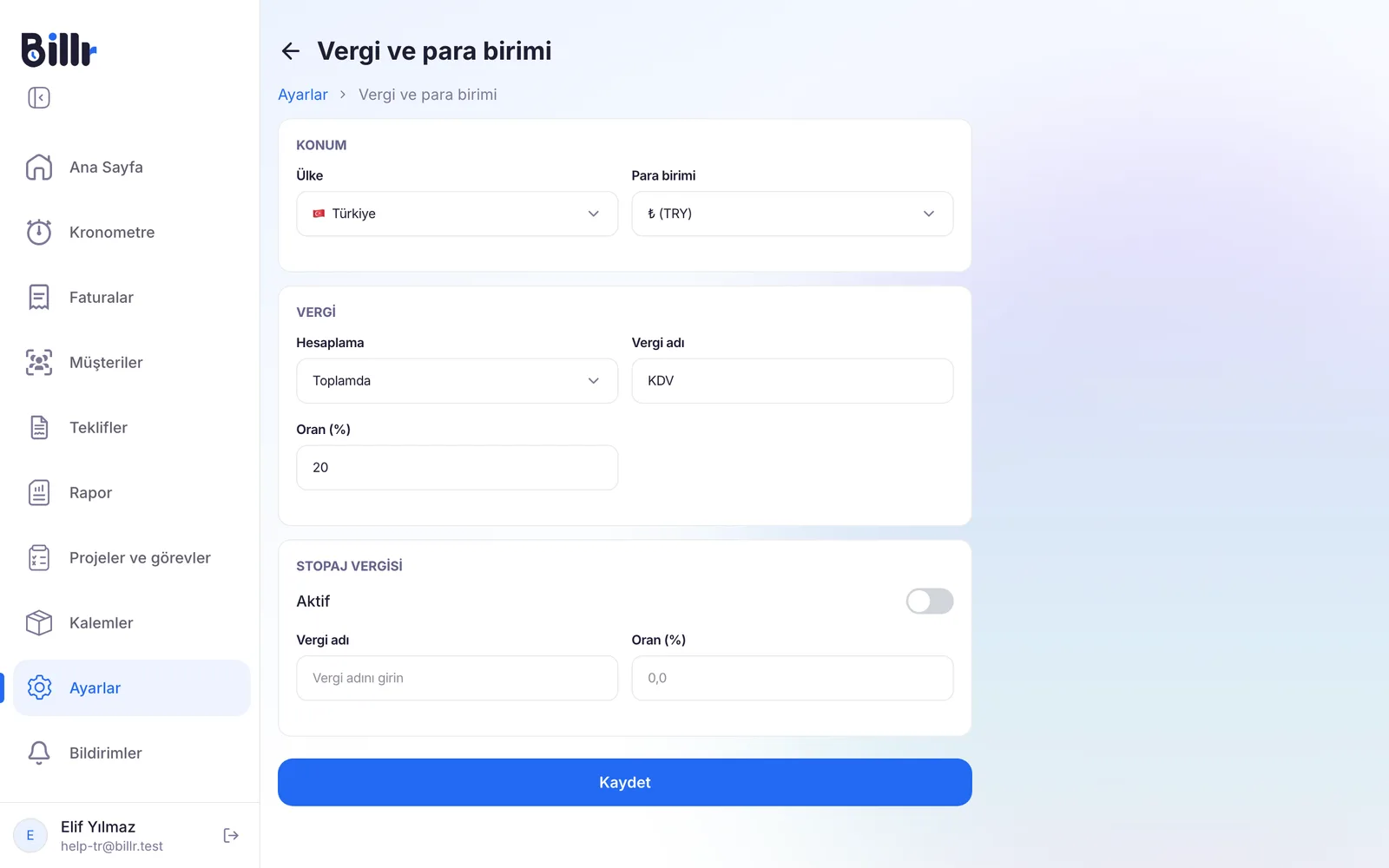 Ülke, para birimi, vergi hesaplaması, vergi adı ve oranı ve stopaj vergisiyle Vergi ve para birimi ekranı