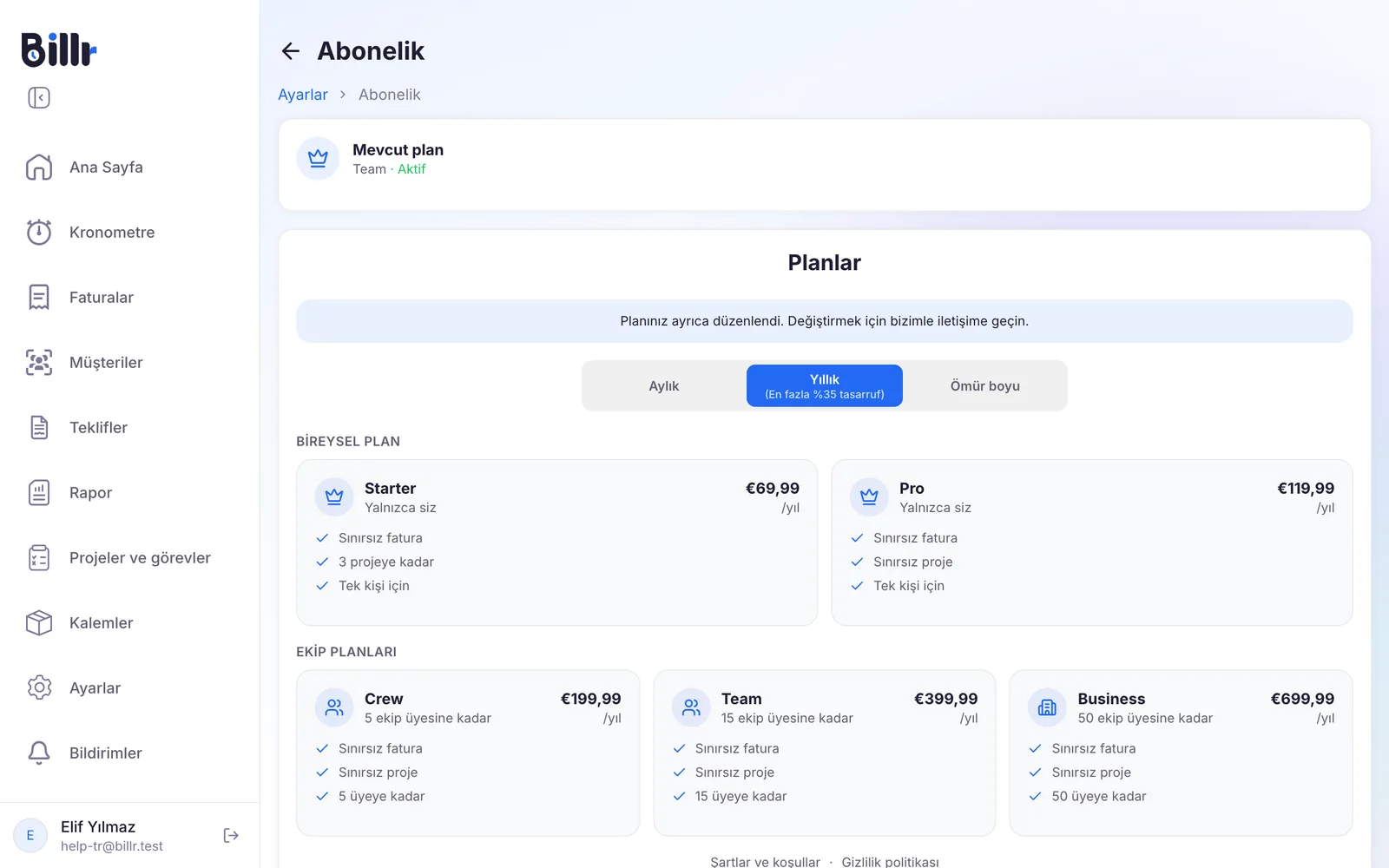 Billr'deki Abonelik ekranı; mevcut plan ve Starter, Pro, Crew, Team ve Business planları